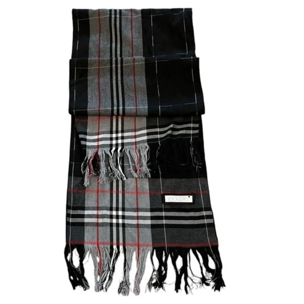 SERPICO thin flat weave gray tartan plaid unisex long 76” scarf w/ fringe